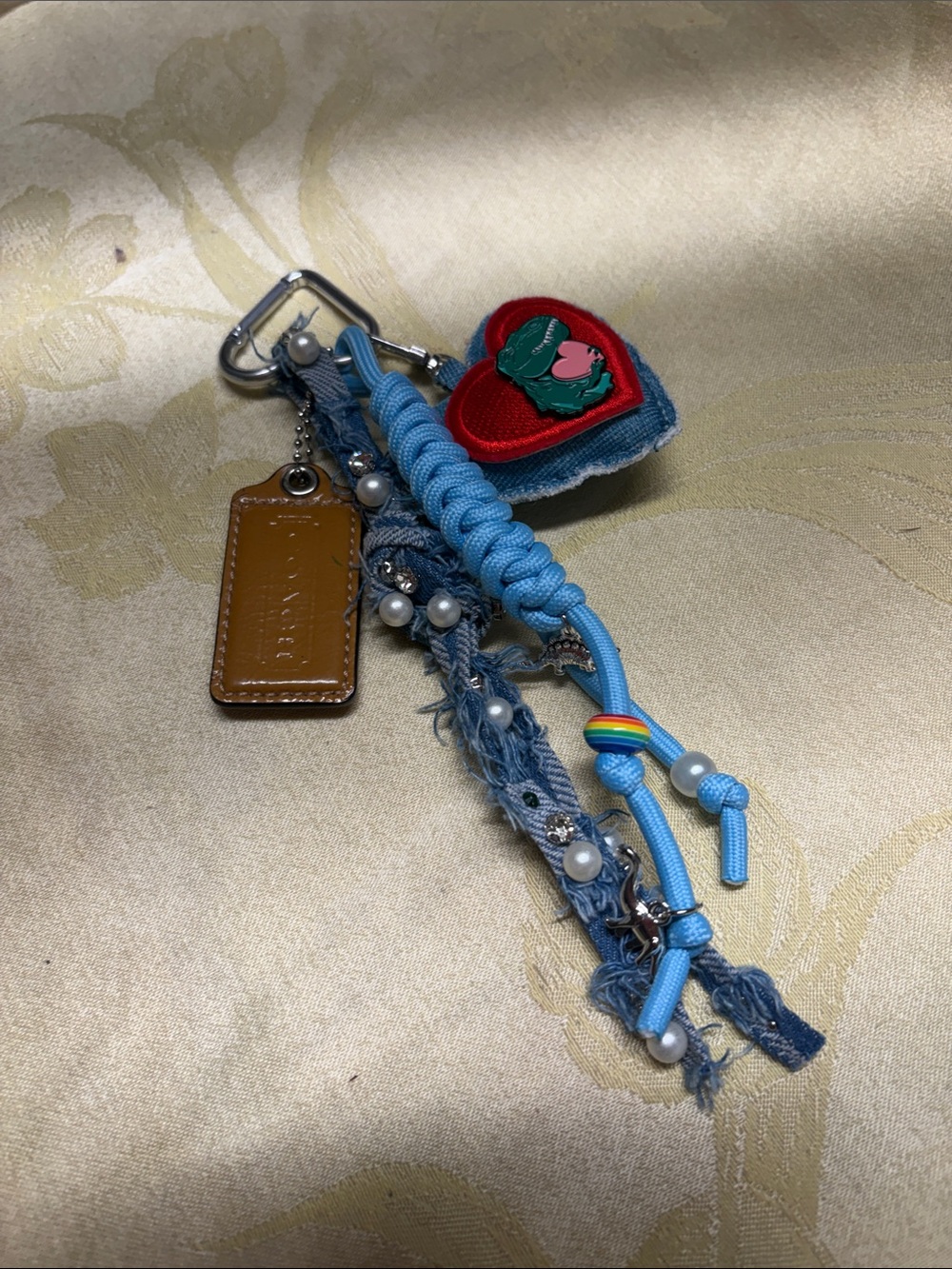 Coach Blue Denim & Leather Keychain Charm with Red Heart Patch